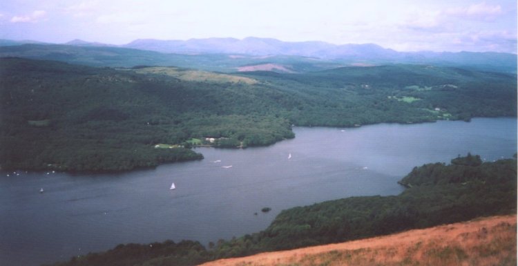 Scafell and Scafell Pike from above Lake Windermere in the Lake District of NW England