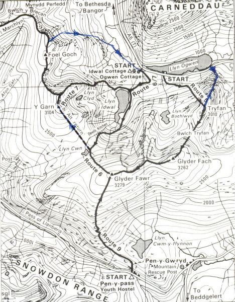 Location Map for Lyn Ogden with ascent routes for Tryfan and the Glyders