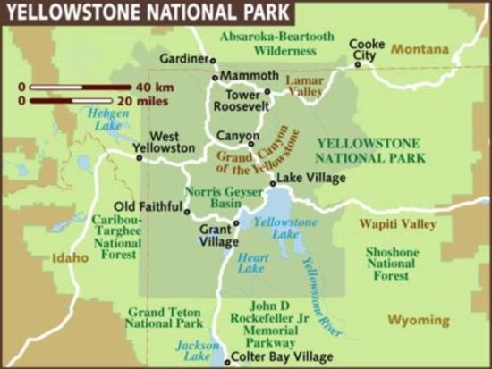Map of attractions in Yellowstone National Park