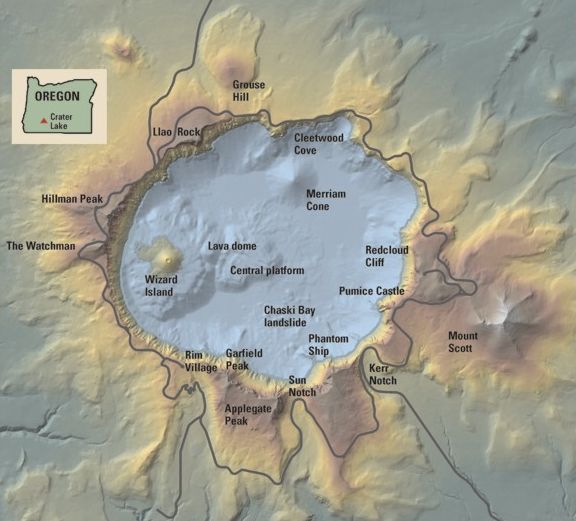 Map of Crater Lake in Oregon, USA
