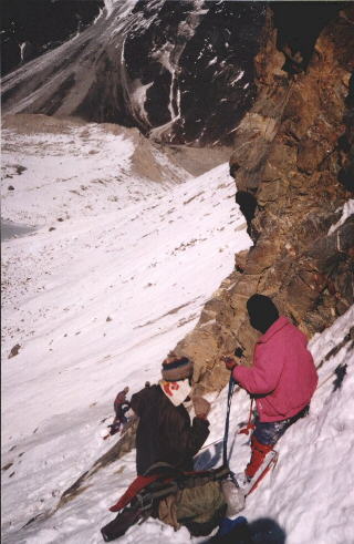 Descending cliffs from Tilman's Pass, Jugal Himal