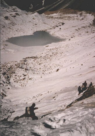 Descending to Glacier lake beneath Tilman's Pass, Jugal Himal