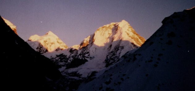 Sunset on Dorje Lakpa on descent from Tilman's Pass in the Jugal Himal