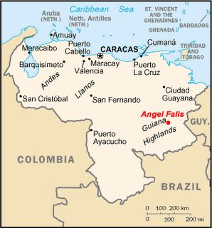 Location Map for the Angel Falls ( Salto Angel ) in Venezuela