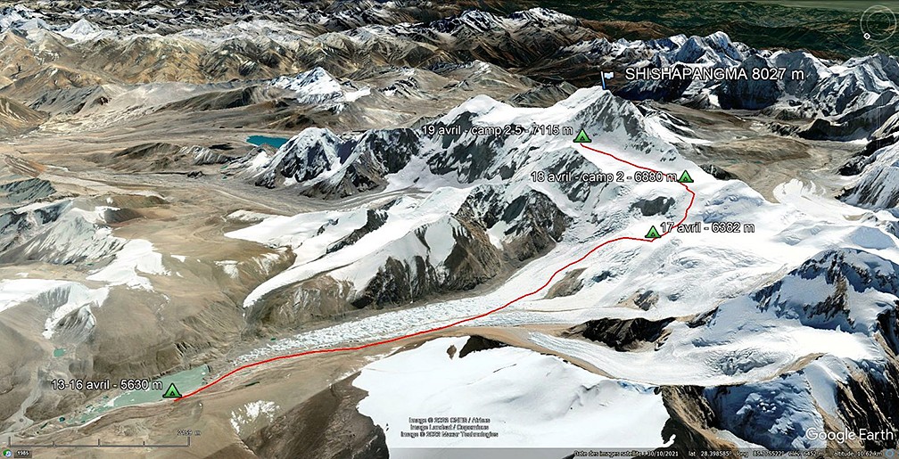 Route of ascent for Shisha Pangma in Tibet - the world's fourteenth highest mountain