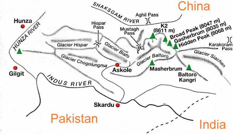 Location map of the Pakistan 8000 metre peaks in the Karakorum